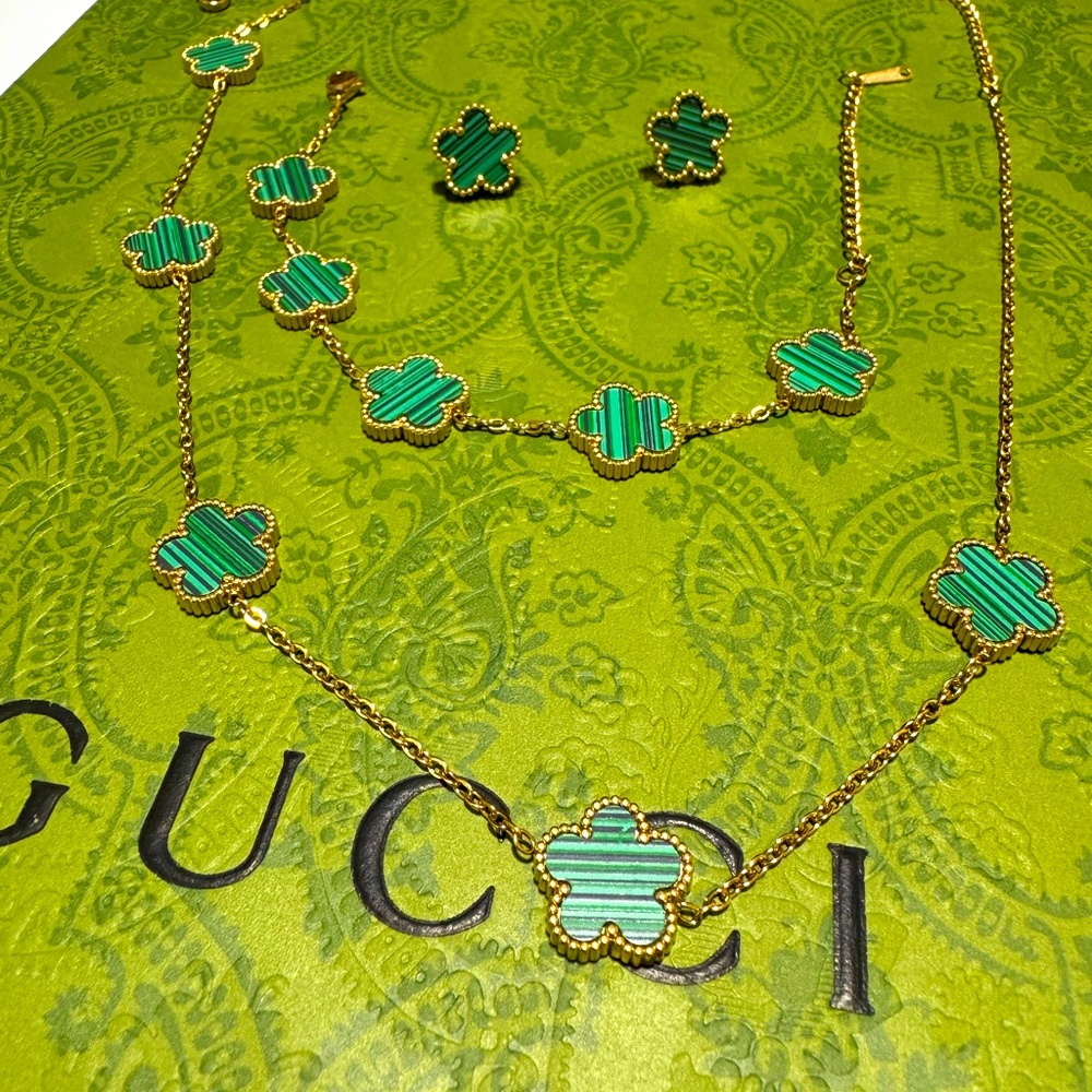 Green Van Clef Style Set Necklace,bracelet & Earrings